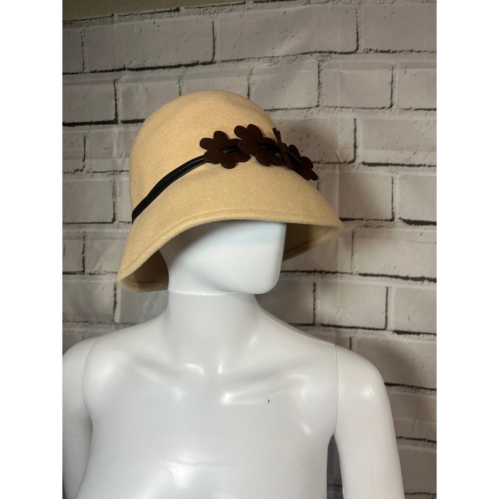 Cheveux Beige Wool Cloche Hat Brown Floral Applique Black Bow Trim Vintage Style